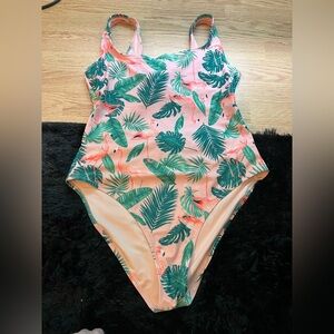 Womens Pink Flamingo One-Piece Swimsuit with Tropical Leaf Print